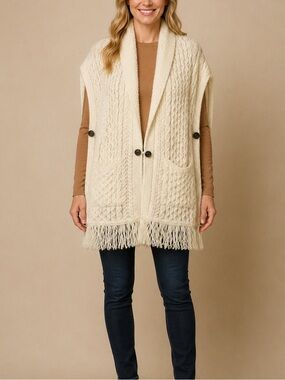 SAOL Ireland Aran Cable Knit Merino Wool Fringe Poncho Cardigan Ivory One Size